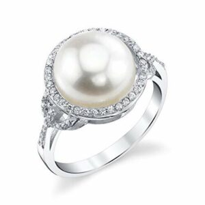 Women's White Pearl Wedding Ring - Genuine Freshwater Cultured Pearl 11-12mm with Round Cubic Zirconia for Women