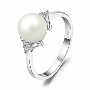 Women's White Pearl Wedding Ring - Genuine Freshwater Cultured Pearl 8mm with Trio Cubic Zirconia for Women (AAA)