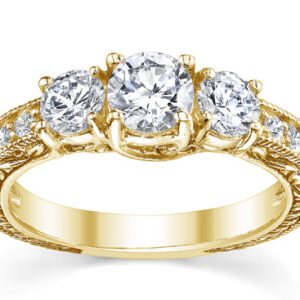 0.94 Carat Three-Stone Floral-Carved Diamond Engagement Ring, 14K Yellow Gold