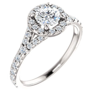 0.96 Carat French-Set Halo Diamond Engagement Ring, 14K White Gold