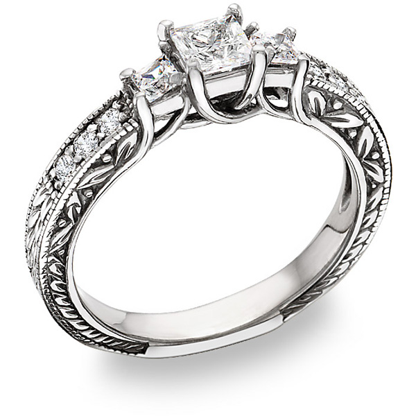 1 1/2 Carat Three-Stone Princess-Cut Diamond Floral Engagement Ring