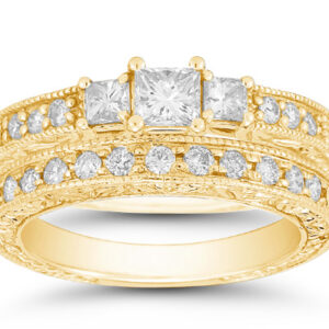 1 1/3 Carat Antique-Style Three Stone Princess Cut Weddign and Engagement Ring Set, 14K Yellow Gold