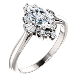 1 1/6 Carat Diamond Marquise and Baguette Halo Engagement Ring