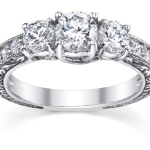 1 Carat Antique-Style Three Stone Diamond Engagement Ring, 14K White Gold