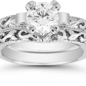 1 Carat CZ Art Deco Bridal Ring Set, 14k White Gold