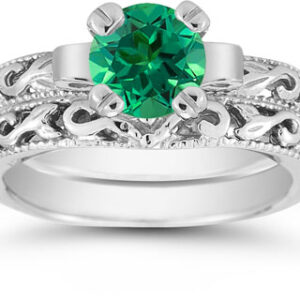 1 Carat Emerald Art Deco Bridal Ring Set, 14K White Gold