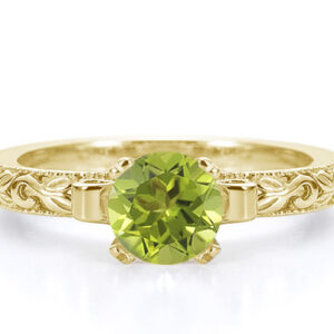 1 Carat Floral Green Peridot Engagement Ring, 14K Yellow Gold