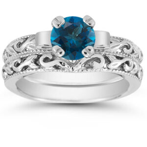 1 Carat London Blue Topaz Art Deco Bridal Ring Set, 14K White Gold