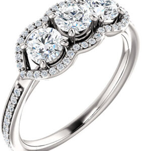 1 Carat Three Stone Diamond Halo Ring in 14K White Gold