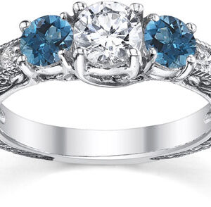 1 Carat White and Blue Round-Cut Vintage-Style Diamond Engagement Ring, 14K White Gold
