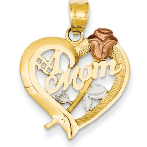 #1 Mom Heart Pendant with Rose in 14K Gold (Tri-Tone)