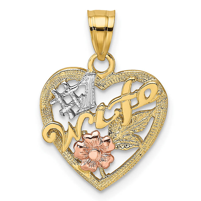 #1 wife tri-color heart pendant with rose gold flower in 10k gold
