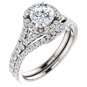 1.42 Carat French-Set Halo Diamond Bridal Wedding Engagement Ring Set