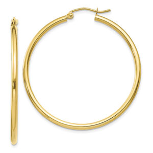 10K Gold 2mm Tube Hoop Earrings, 1 1/2" Size