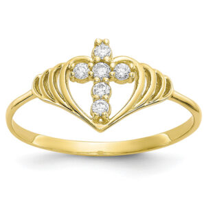 10K Gold Cross Inside Heart CZ Ring