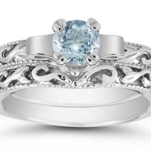 1/2 Carat Art Deco Aquamarine Bridal Ring Set, 14K White Gold