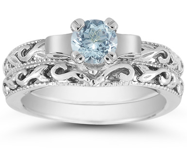 1/2 Carat Art Deco Aquamarine Bridal Ring Set, 14K White Gold