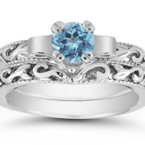 1/2 Carat Art Deco Blue Topaz Bridal Ring Set, 14K White Gold
