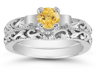 1/2 Carat Art Deco Citrine Bridal Ring Set, 14K White Gold