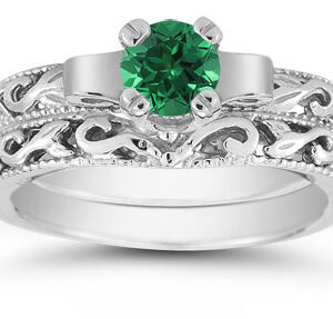 1/2 Carat Art Deco Emerald Bridal Ring Set, 14K White Gold