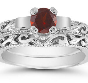 1/2 Carat Art Deco Garnet Bridal Ring Set, 14K White Gold