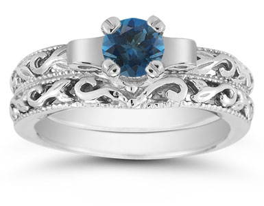 1/2 Carat Art Deco London Blue Topaz Bridal Ring Set, 14K White Gold