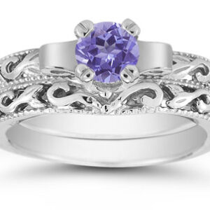 1/2 Carat Art Deco Tanzanite Bridal Ring Set, 14K White Gold