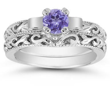 1/2 Carat Art Deco Tanzanite Bridal Ring Set, 14K White Gold