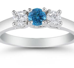 1/2 Carat Blue and White Diamond Three Stone Ring, 14K White Gold