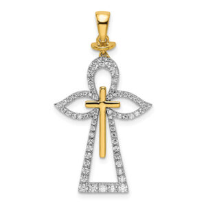 1/2 Carat Diamond Angel Pendant with Cross, 14K Two-Tone Gold