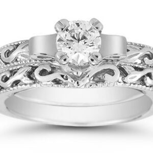 1/3 Carat Art Deco Diamond Bridal Ring Set in 14K White Gold