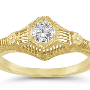 1/4 Carat Antique-Made Floral Diamond Engagement Ring, 14K Yellow Gold