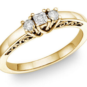 1/4 Carat Three-Stone Princess-Cut and Round Diamond Ring, 14K Yellow Gold