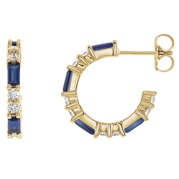 14K Gold Blue Sapphire Baguette and Diamond Earrings