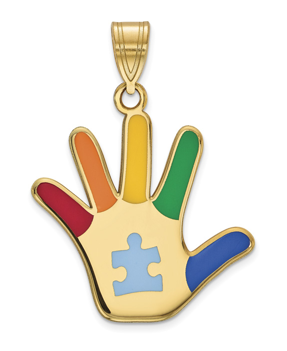 14K Gold Enameled Autism Awareness Hand Necklace with Puzzle Piece