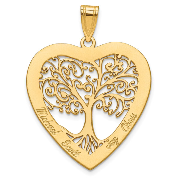 14K Gold Engravable Family Tree Heart Pendant
