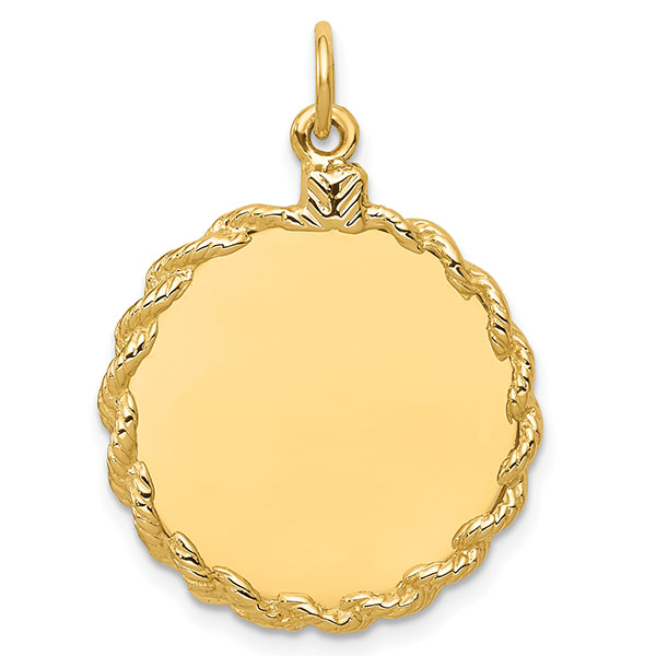14K Gold Engraveable Disc Charm Pendant with Rope Design