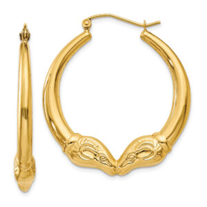 14K Gold Ram Hoop Earrings, 1 3/8"