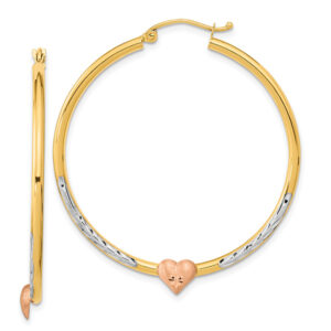14K Gold Tri-Color Diamond-Cut Hoop Earrings with Heart (1 5/8")