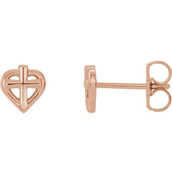 14K Rose Gold Small and Cute Cross Heart Christian Stud Earrings