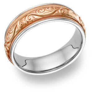 14K Rose and White Gold Paisley Inlay Wedding Band Ring