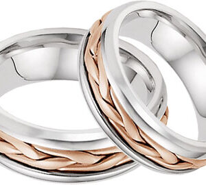 14K Rose and White Gold Wide Braided Wedding Band Set