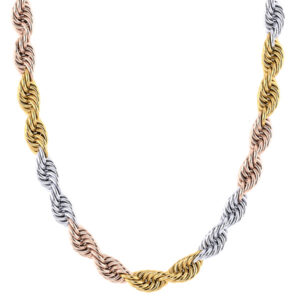 14K Solid Tri-Color Gold Rope Chain Necklace, 7mm