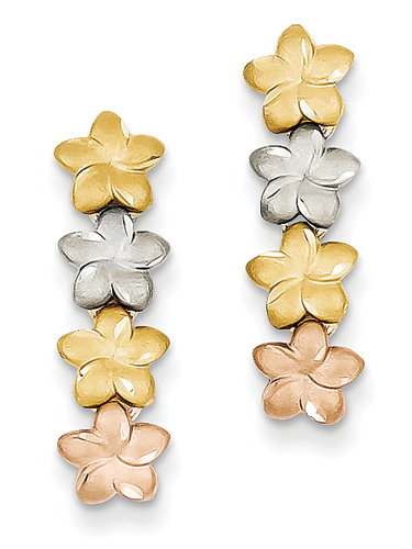 14K Tri-Color Gold Plumeria Flower Earrings
