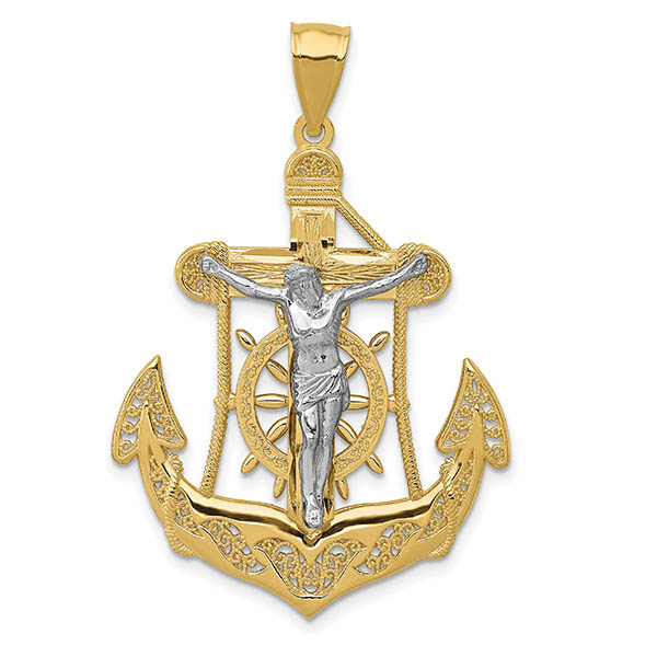 14K Two-Tone Gold Mariner's Anchor Diamond-Cut Filligree Crucifix Pendant
