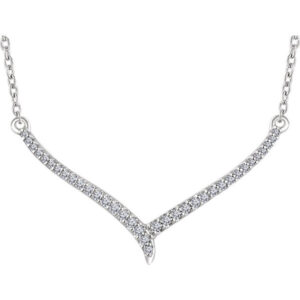 14K White Gold 1/6 Carat Diamond "V" Bar Necklace, 16" - 18"