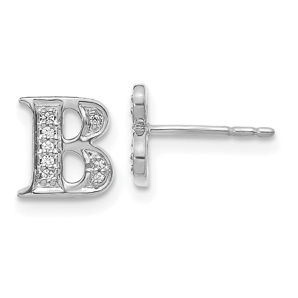14K White Gold "B" Diamond Initial Earrings