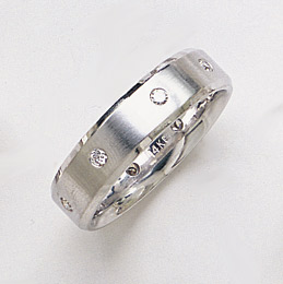 14K White Gold Brushed Diamond Wedding Band Ring