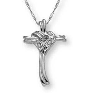 14K White Gold Cross and Heart-Knot Diamond Necklace