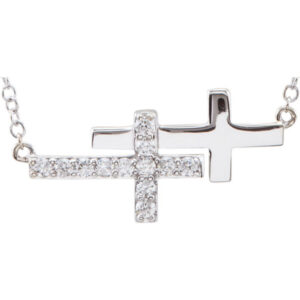14K White Gold Double Diamond Sideways Cross Necklace